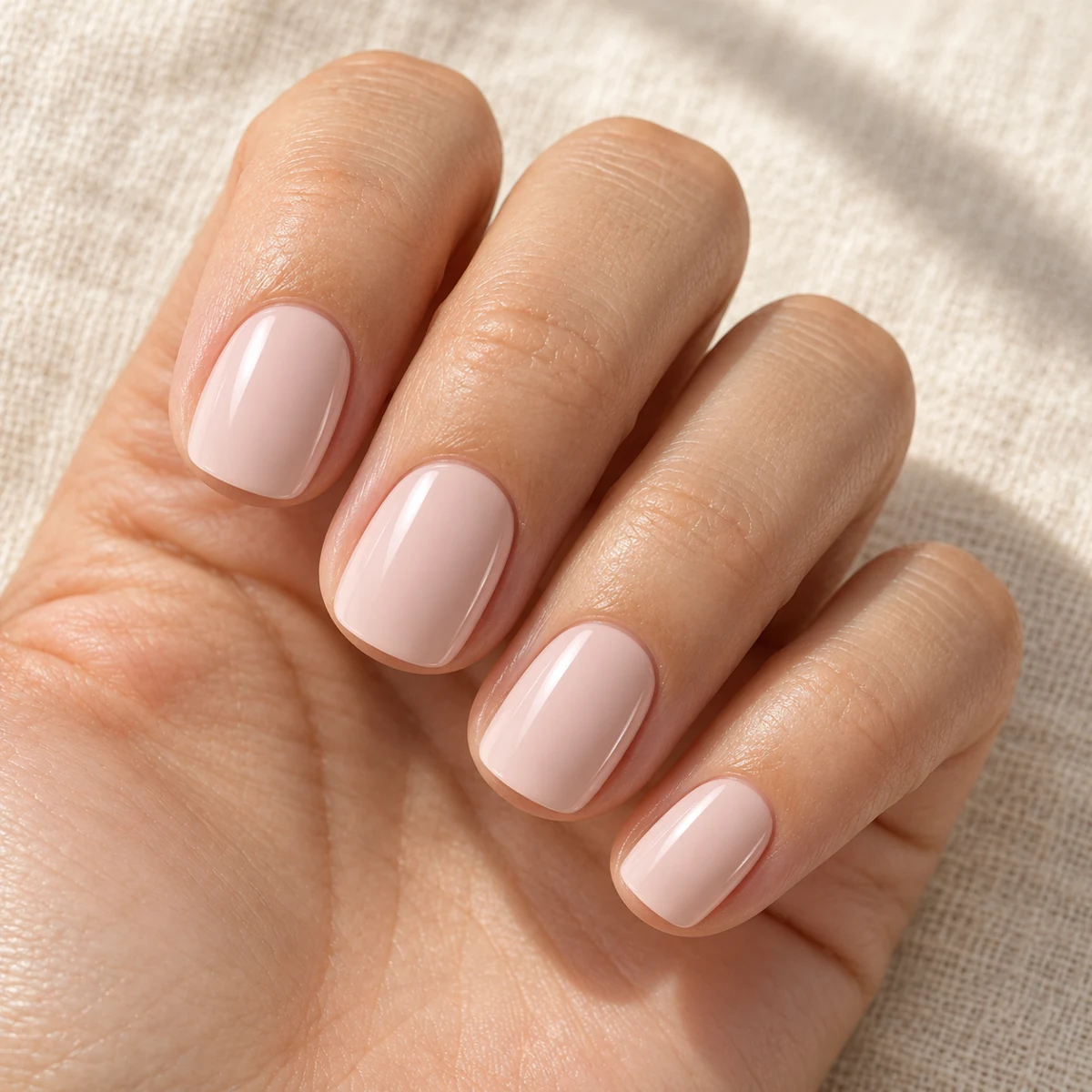 AI illustration of short pale nude-pink squoval nails on a relaxed hand