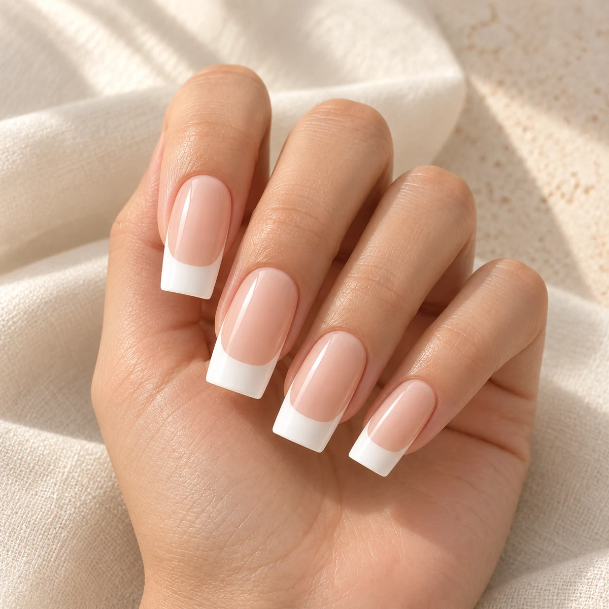 AI illustration of long nude and white square French nails on a relaxed hand