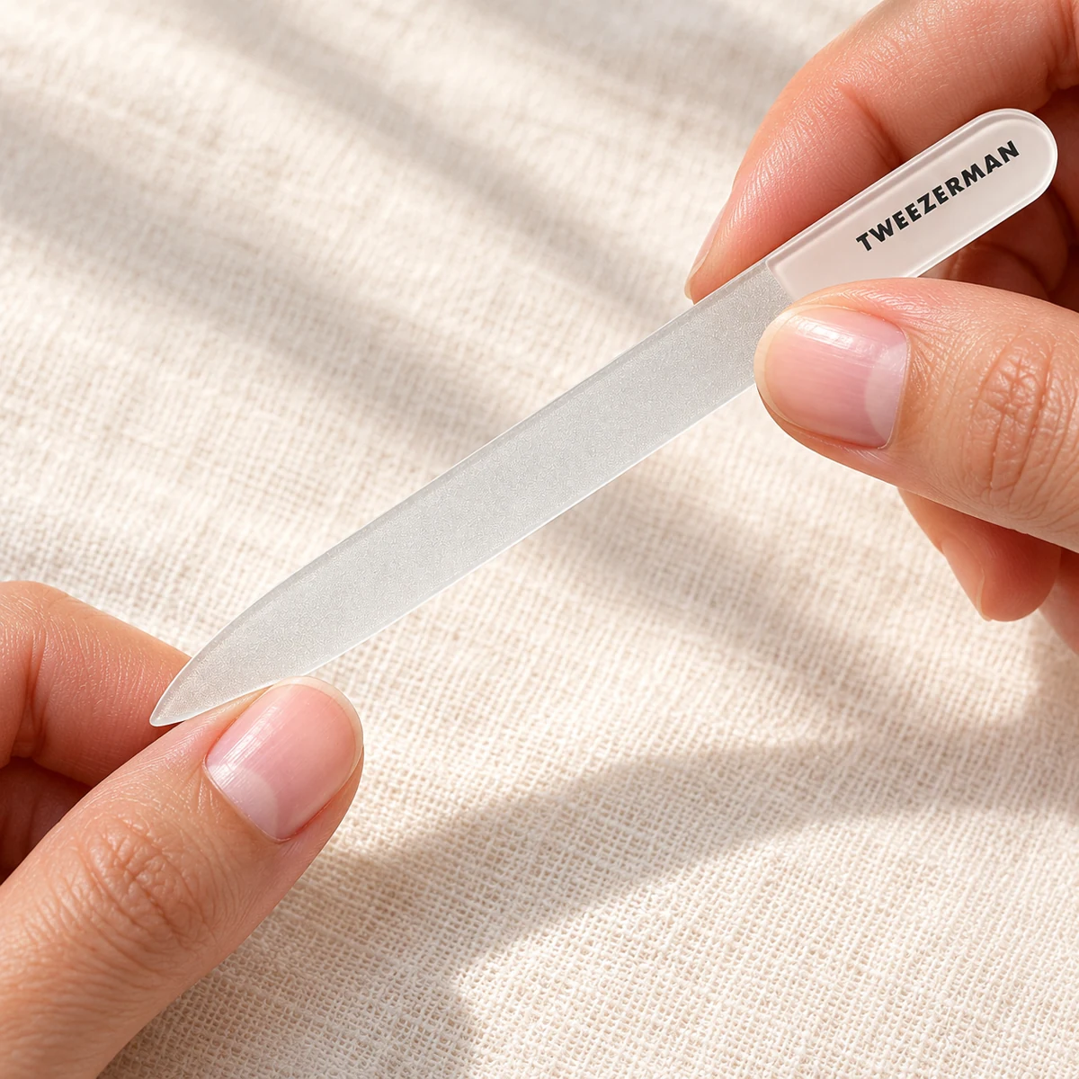 AI illustration of a glass nail file held beside a natural thumbnail