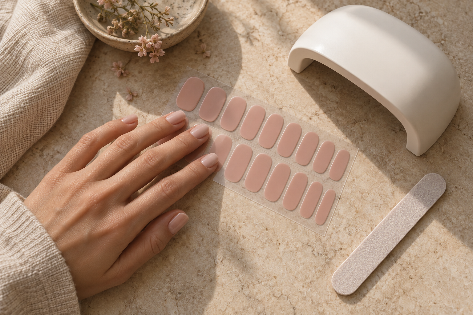 AI illustration of a pink manicure beside gel-strip sheets, a white nail lamp and file