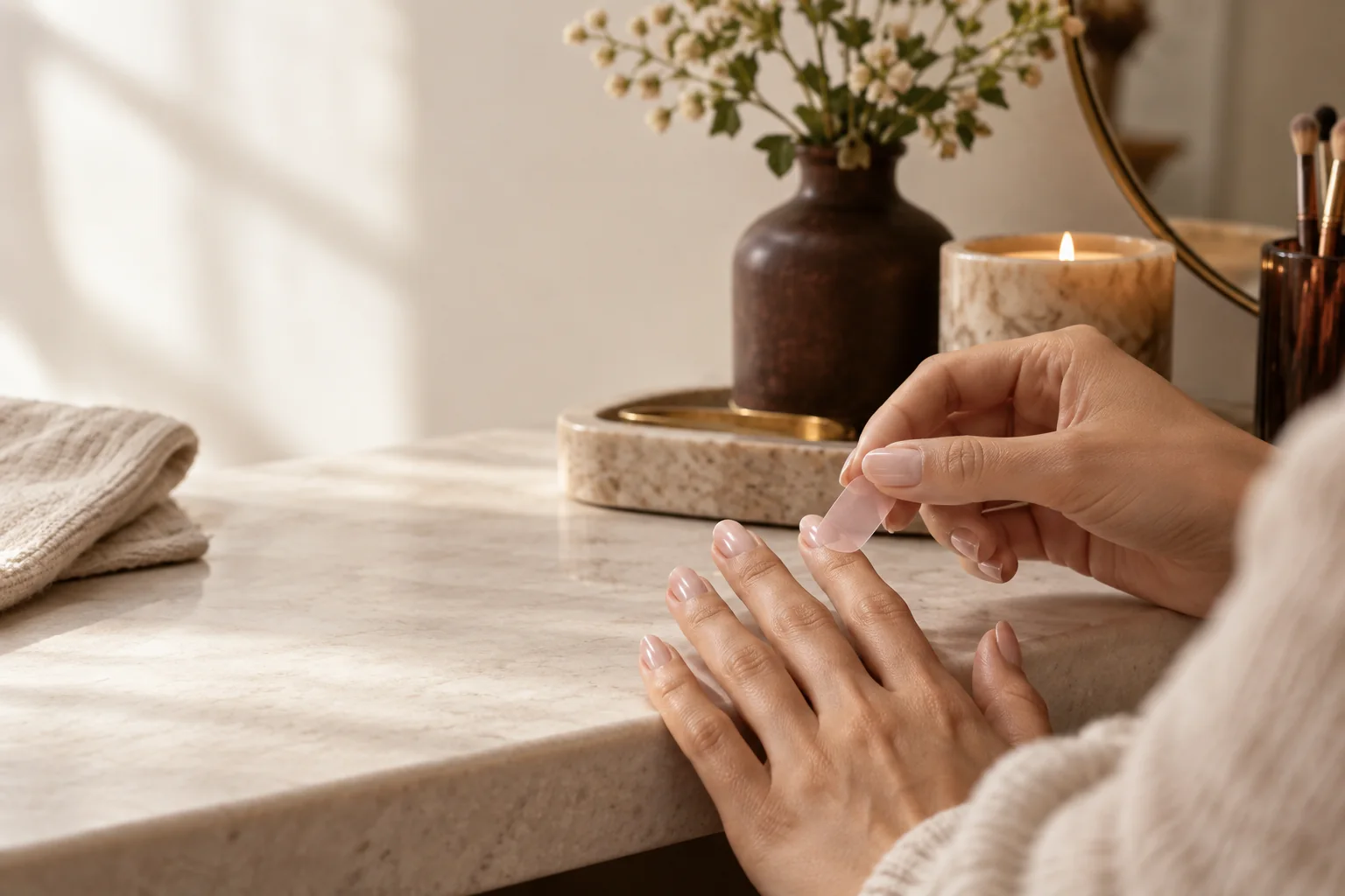 Applying semi-cured gel nail strips at a home vanity table