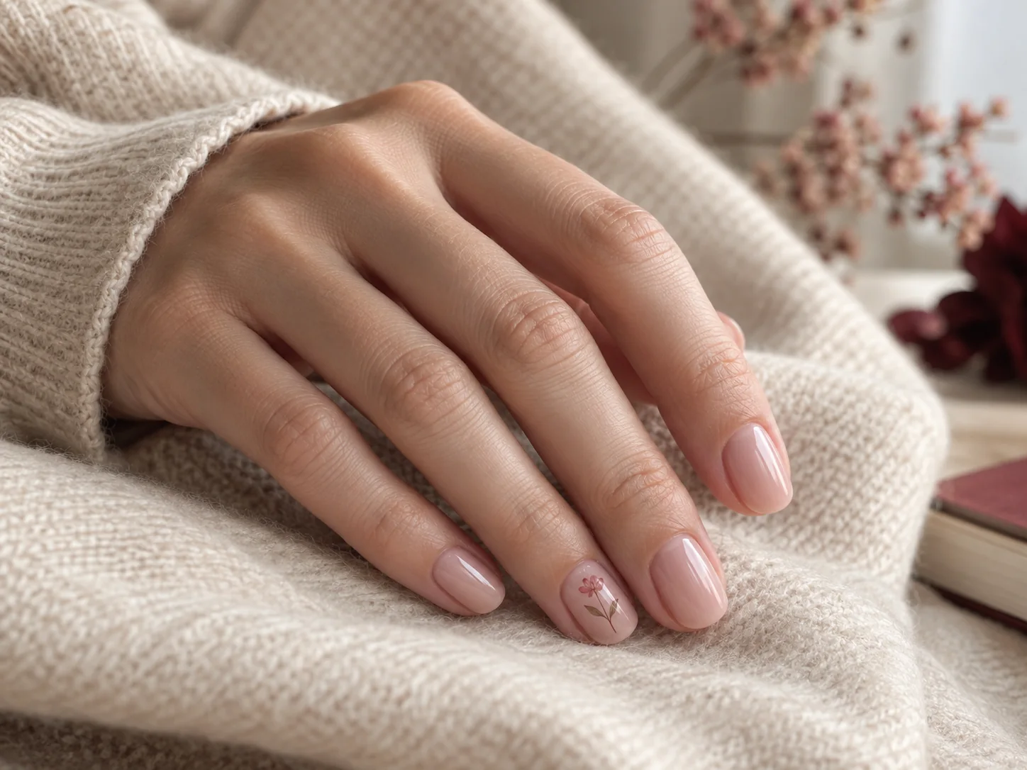 AI illustration of short pale-pink nails with a delicate floral accent