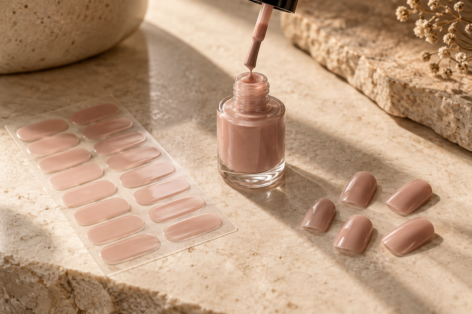 AI illustration comparing pink gel strips, a polish bottle and loose press-on tips