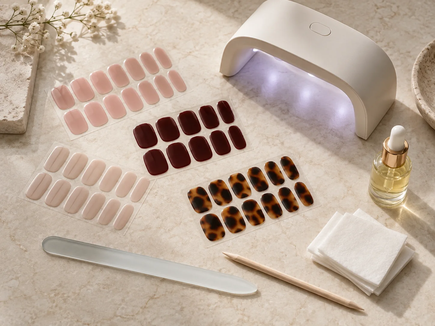 AI illustration of gel-strip sheets, a nail lamp, file and manicure tools