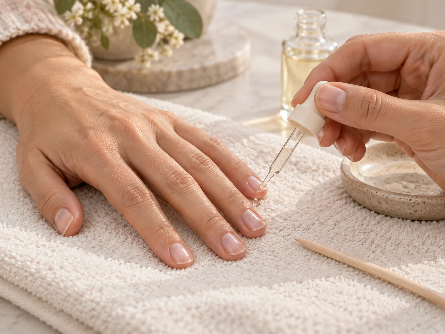 AI illustration of cuticle-care oil being applied beside natural nails