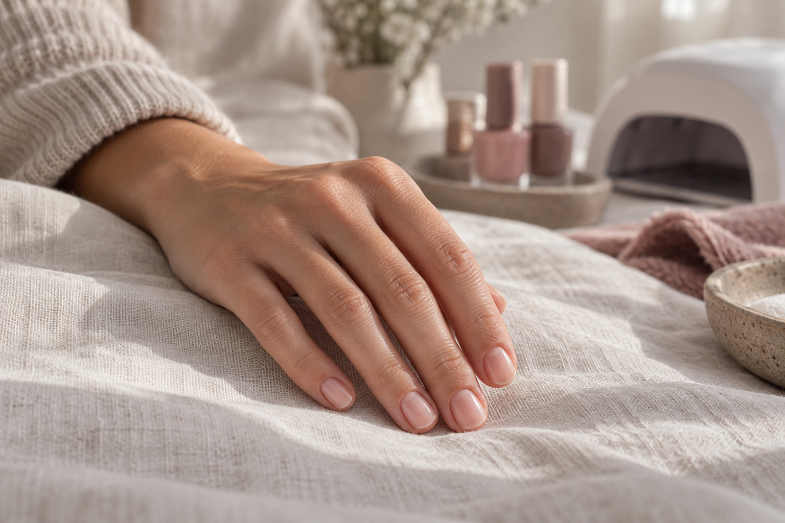 AI illustration of a natural-looking manicure beside nail-care supplies