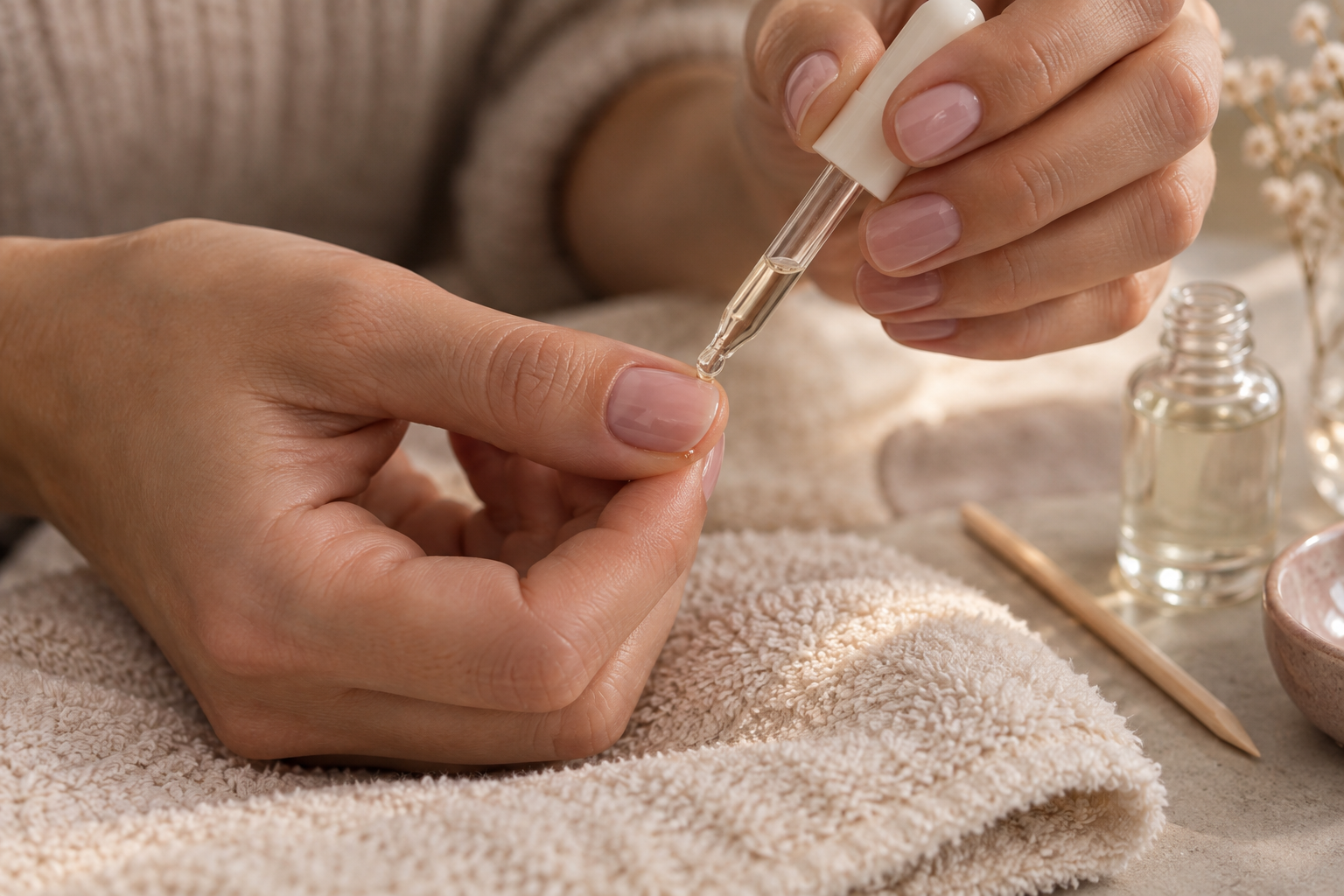 AI illustration of a clear nail-care liquid being applied near a pink thumbnail