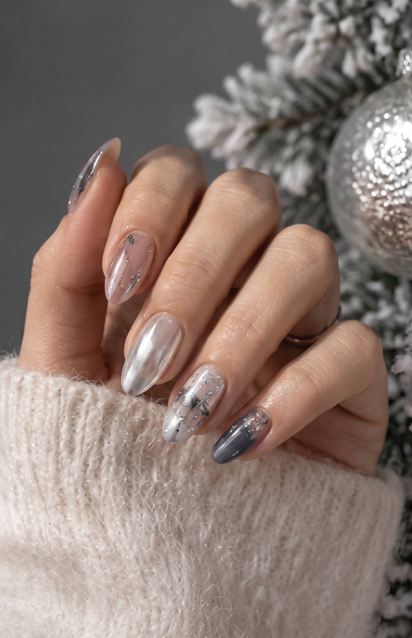 Winter Semi Cured Gel Nails Silver Frost Chrome mood