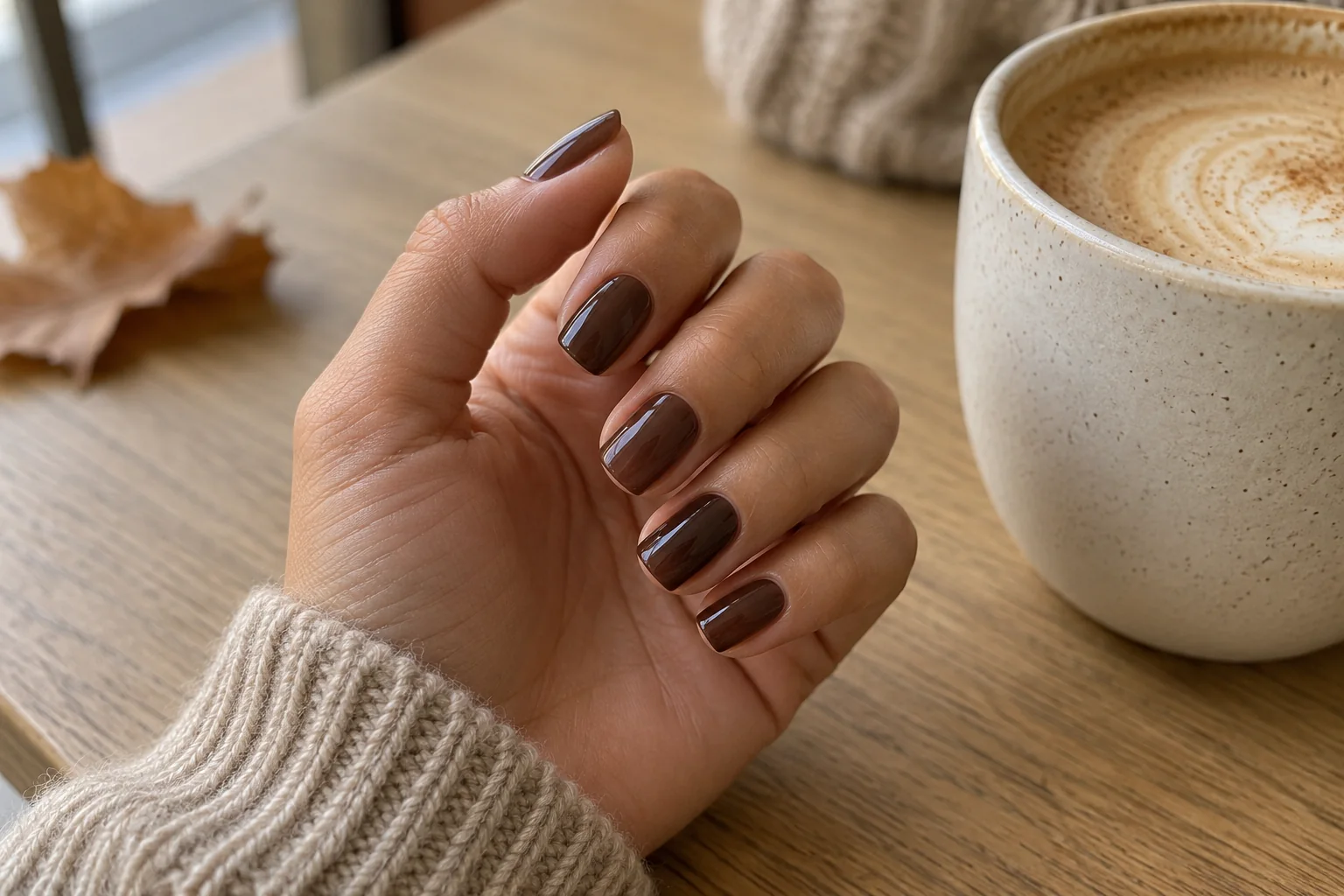 Glossy mocha nails beside a latte, illustrating fall 2026 semi cured gel nail trends
