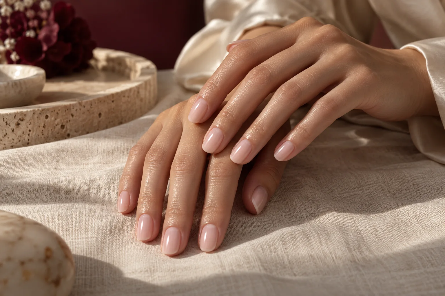 How to apply semi cured gel nails: nude-pink manicure inspiration on linen, styling illustration