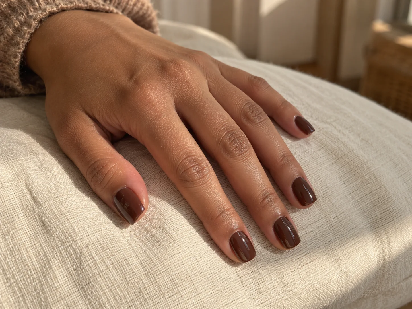 Sheer espresso brown nails on a hand resting on cream linen
