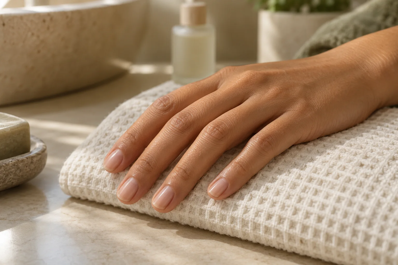 Short natural nails and a towel beside a simple nail care setup