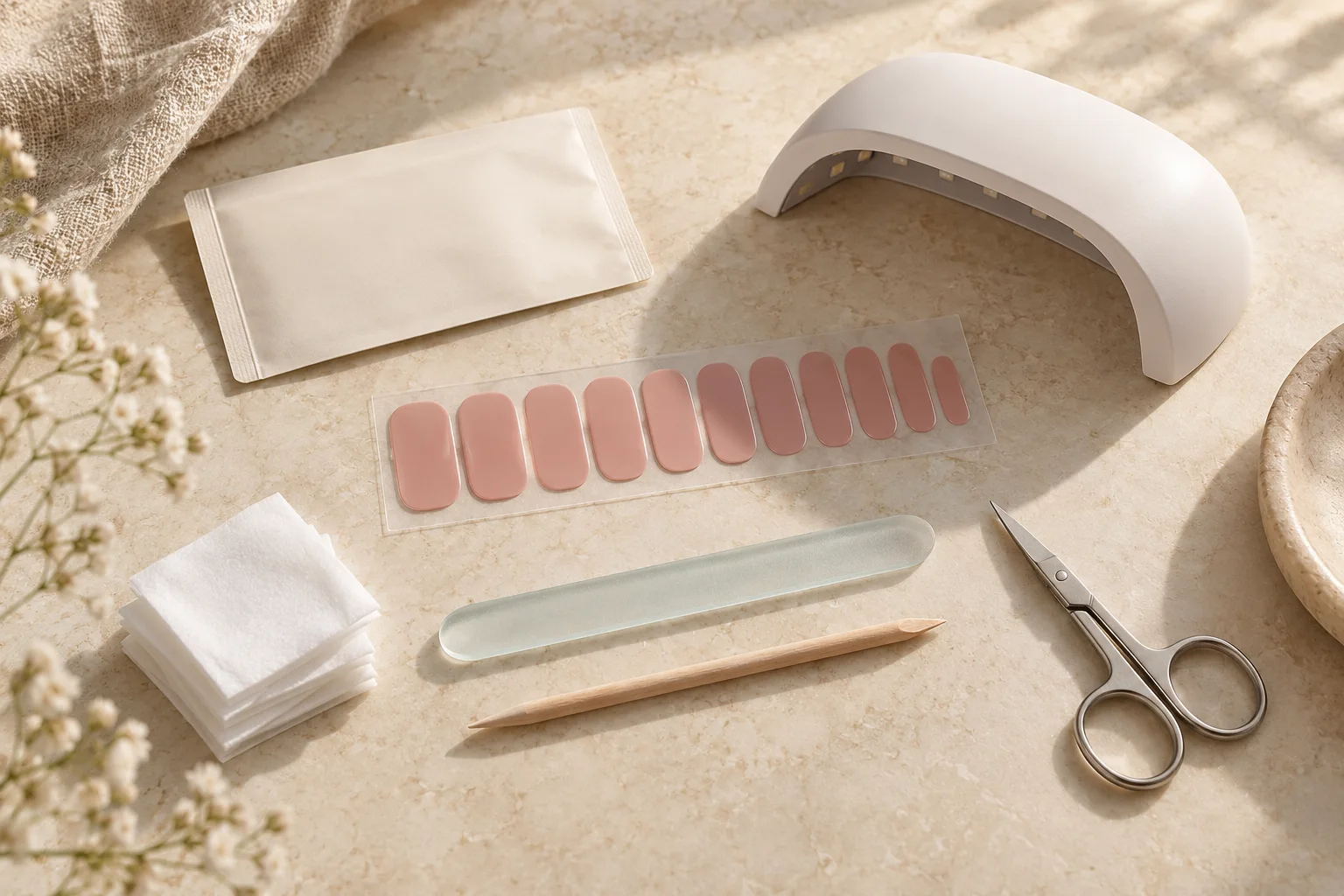 Illustrated semi-cured gel nail application kit with pink strips, file and an unlit lamp