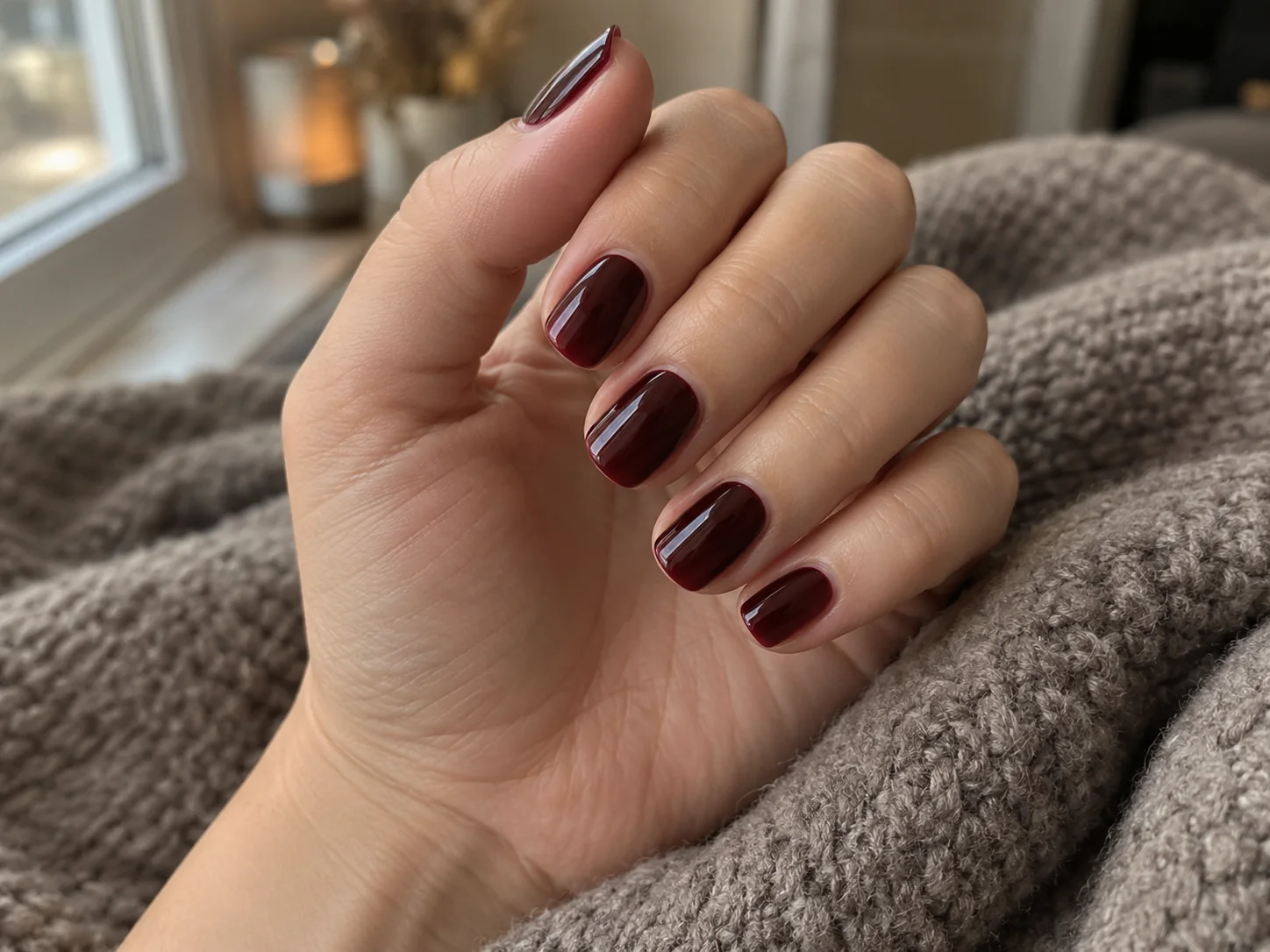 Black cherry jelly nails with a glossy finish against a taupe knit sleeve