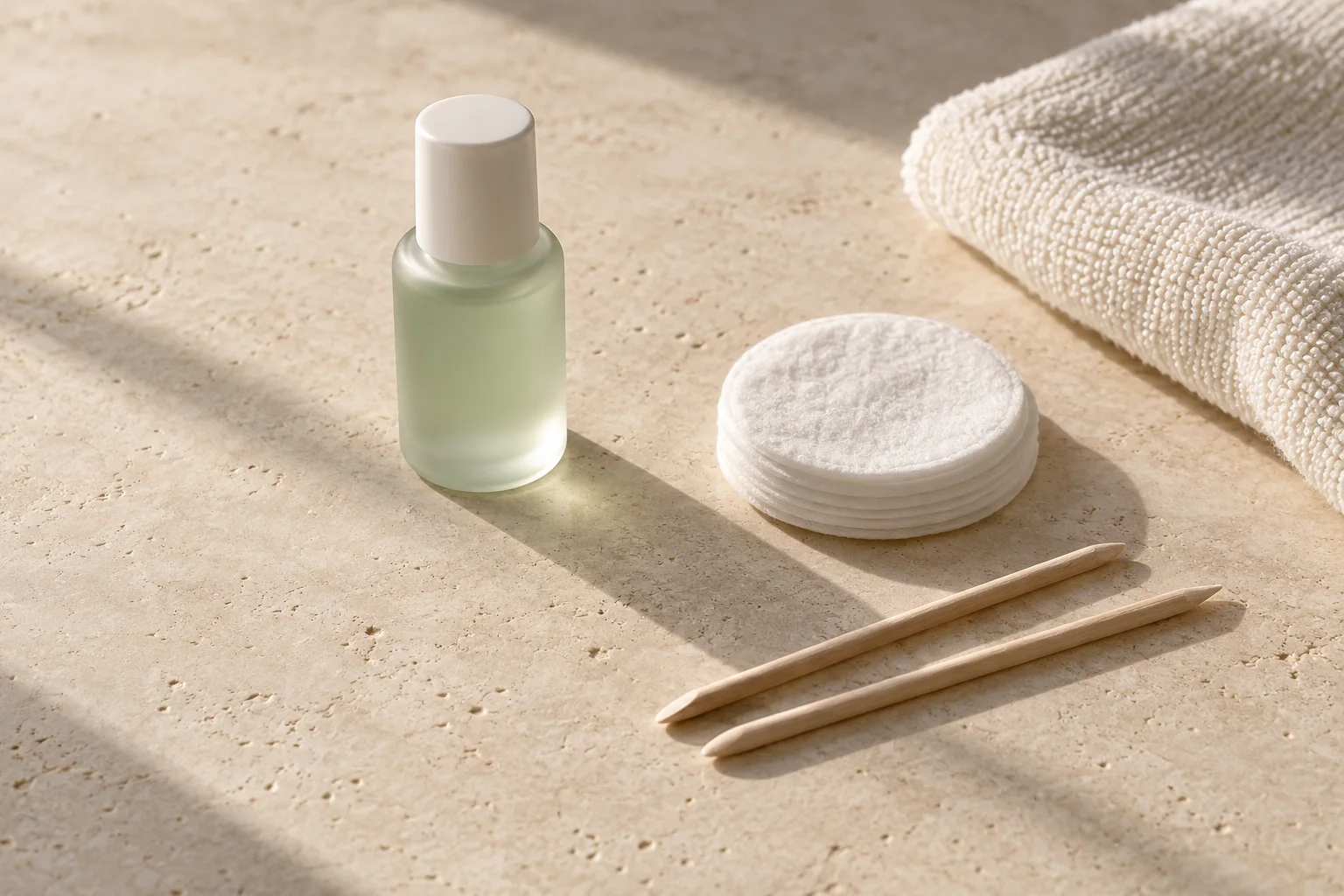 Illustrative nail removal supplies: a capped bottle, wooden manicure sticks, cotton rounds and towel