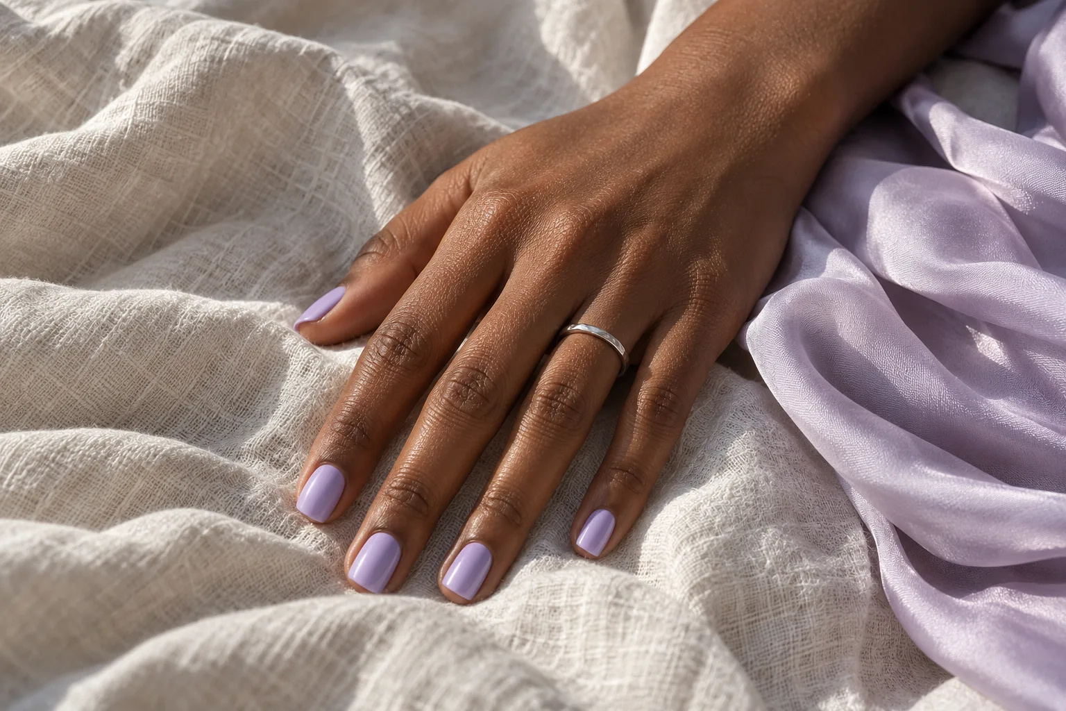 Glossy lavender summer manicure on a hand resting on ivory linen and lilac fabric
