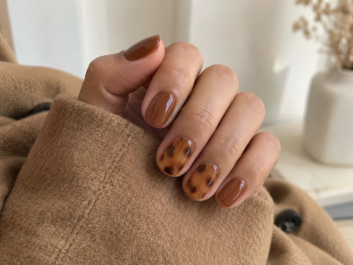Amber tortoise accent nails paired with translucent caramel brown nails