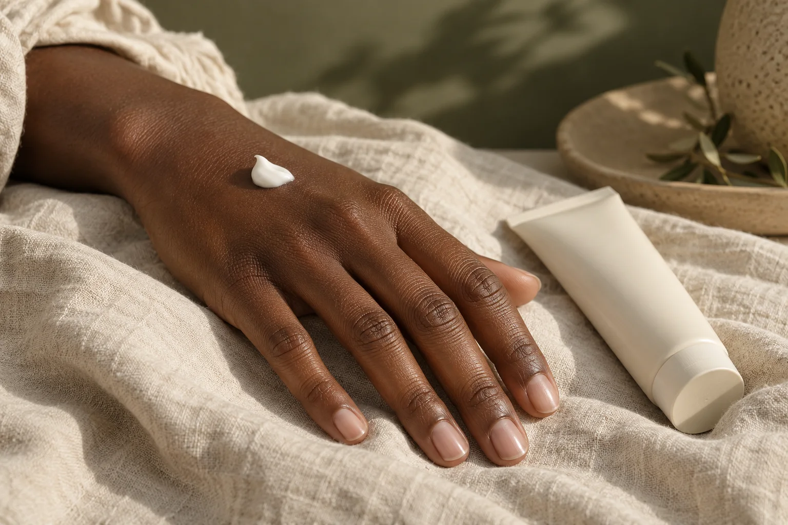 Hand moisturizer beside short natural nails on soft linen