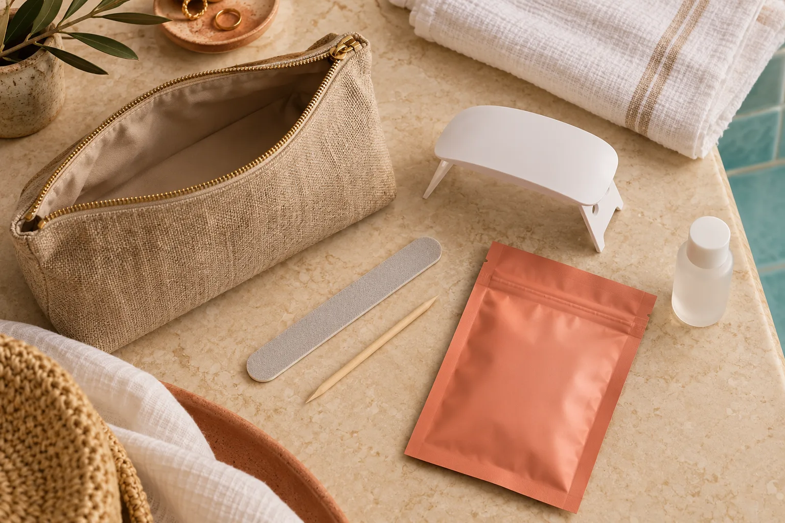 Summer manicure travel packing inspiration with a closed strip pouch, file and unlit nail lamp