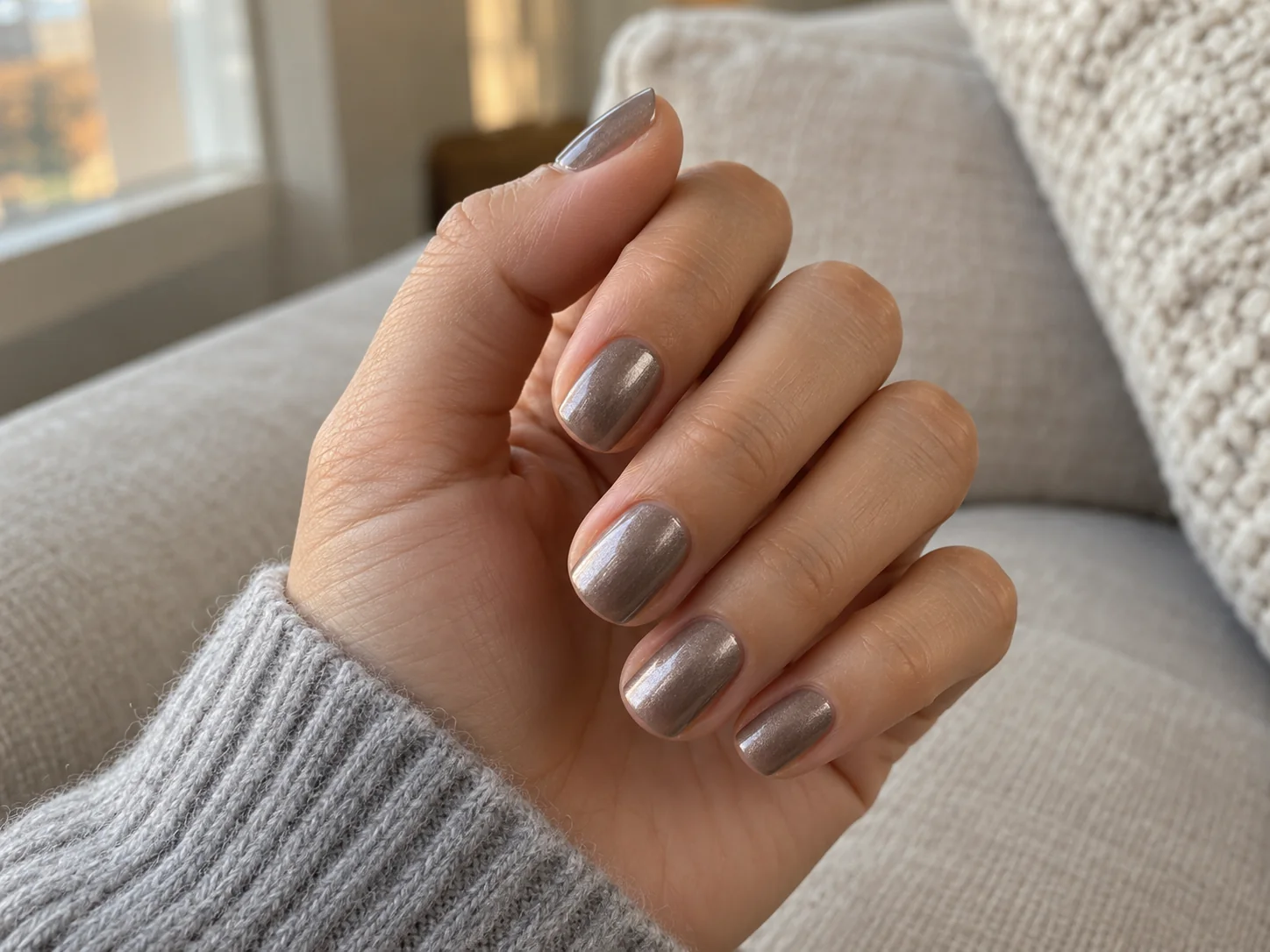 Soft pewter shimmer on short rounded nails against a gray sleeve