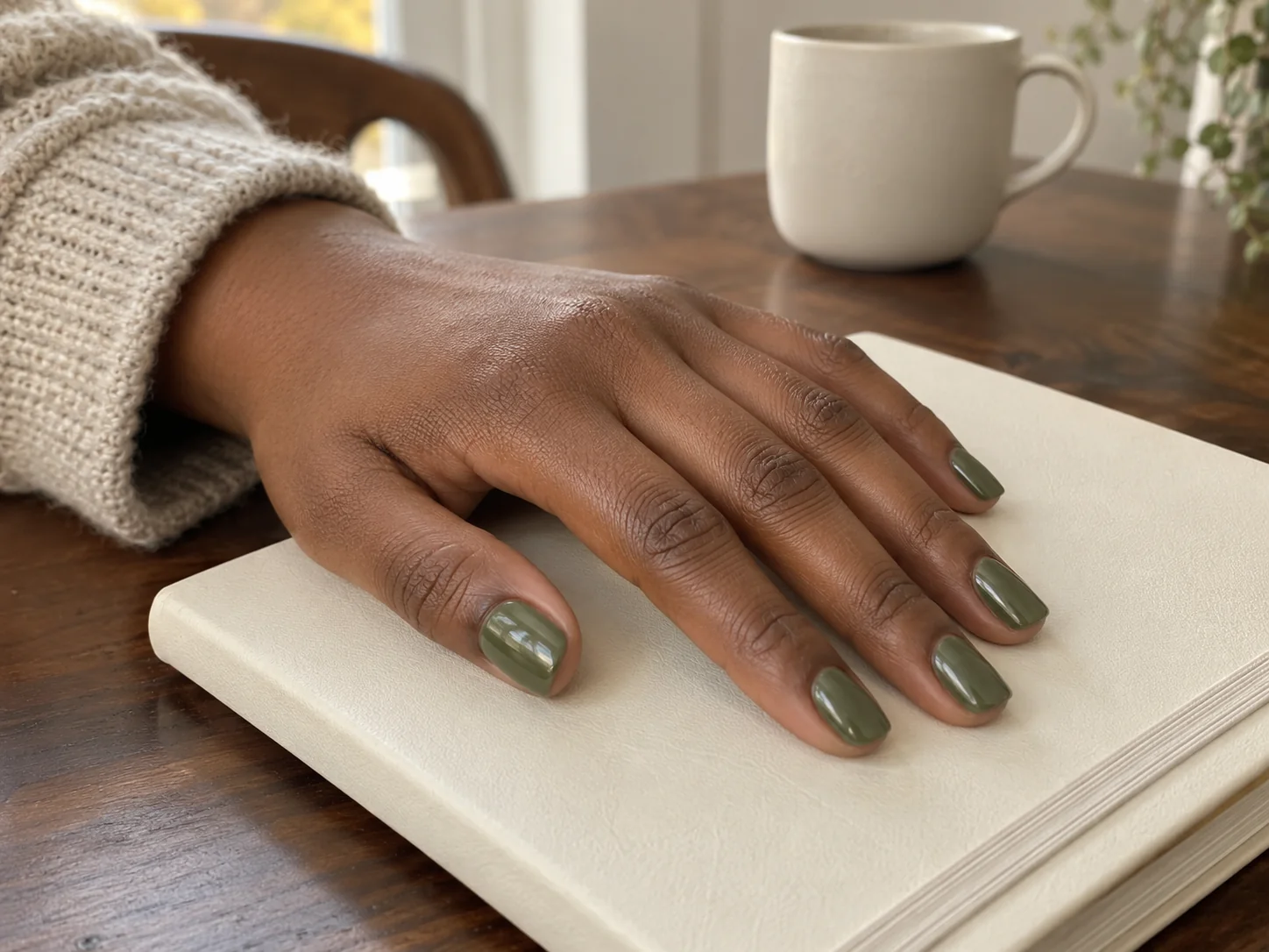 Muted olive green nails on a hand resting on a cream notebook