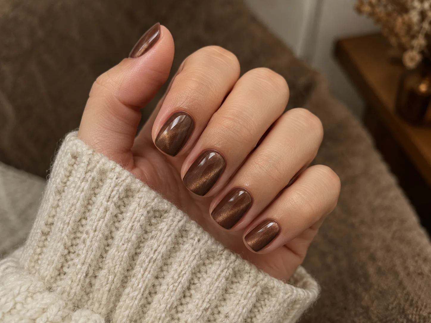 Cocoa brown nails with a soft cat-eye light stripe beside a knitted sleeve