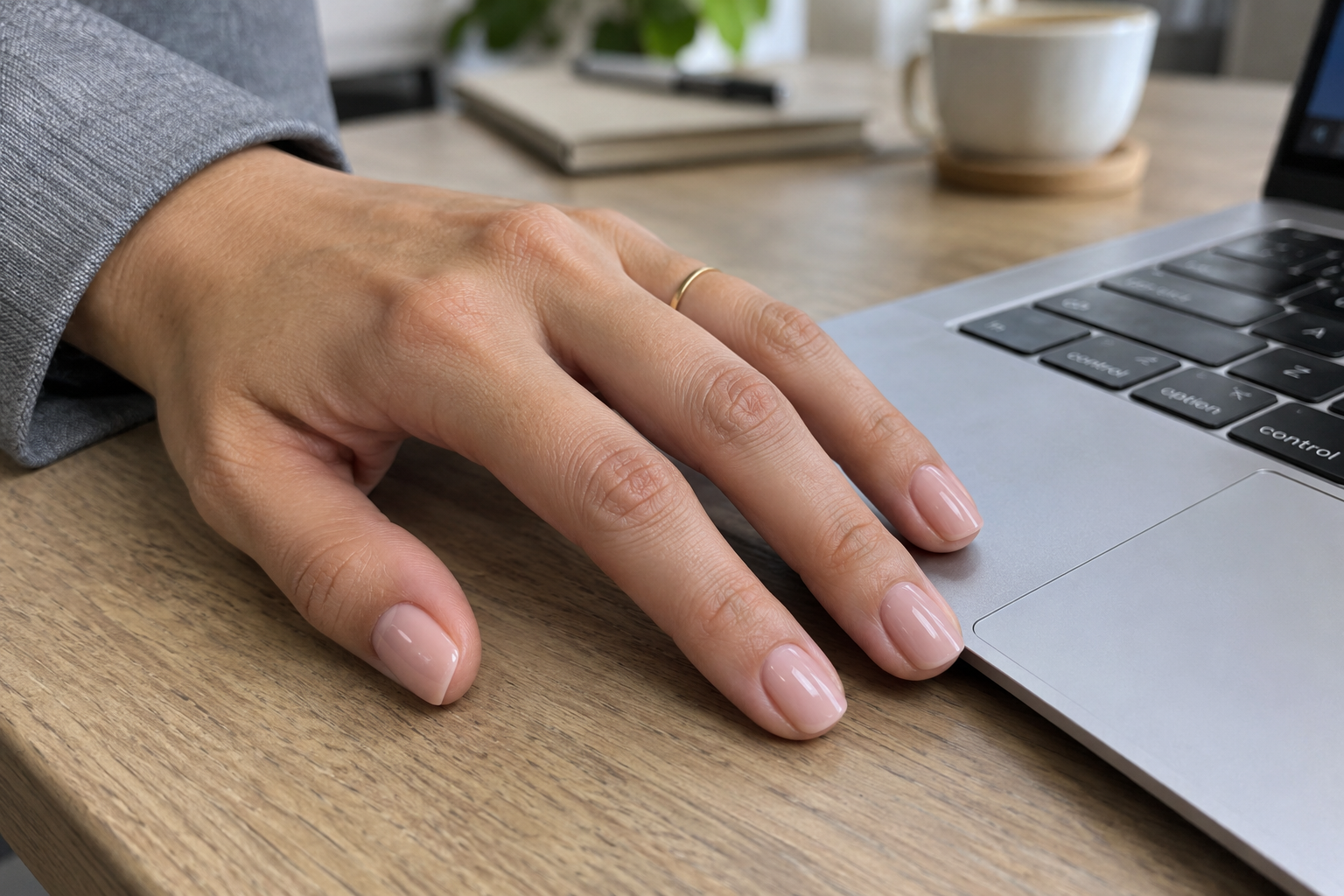 Office appropriate semi cured gel nails: short pink manicure beside a laptop.