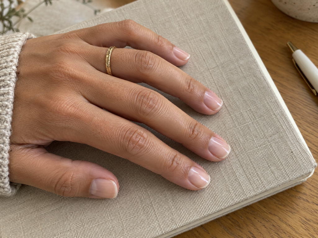 Short sheer nude-pink nails resting on a beige notebook.