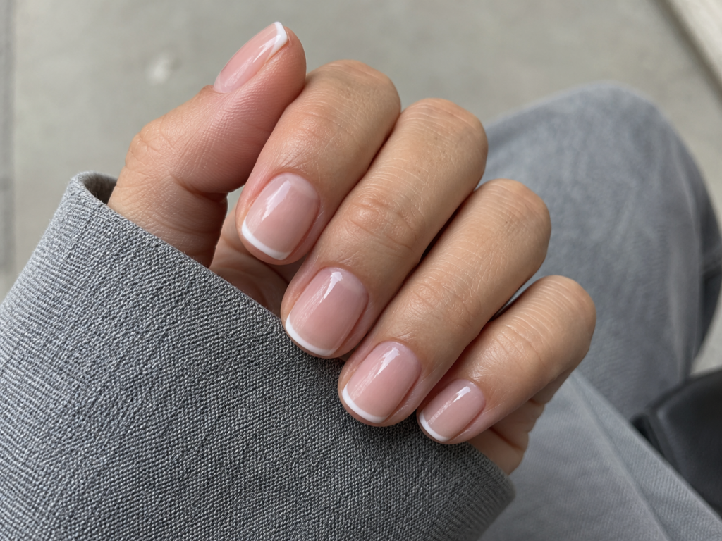 Short nude nails with fine white French tips against a gray sleeve.