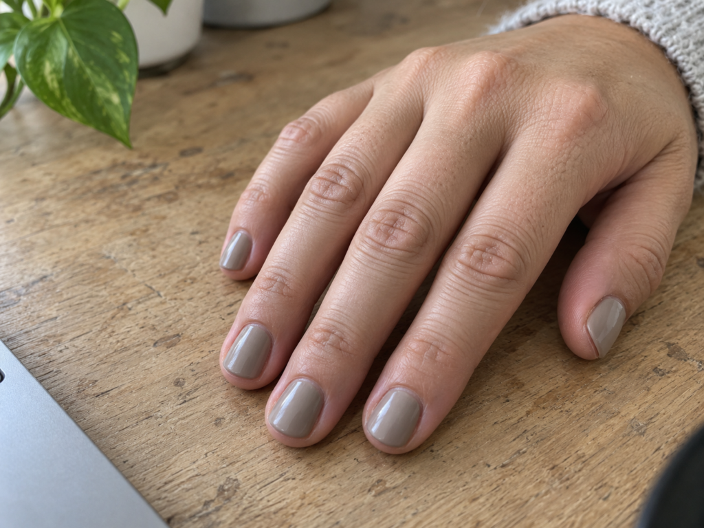 Short creamy gray-beige nails on a wooden desk.
