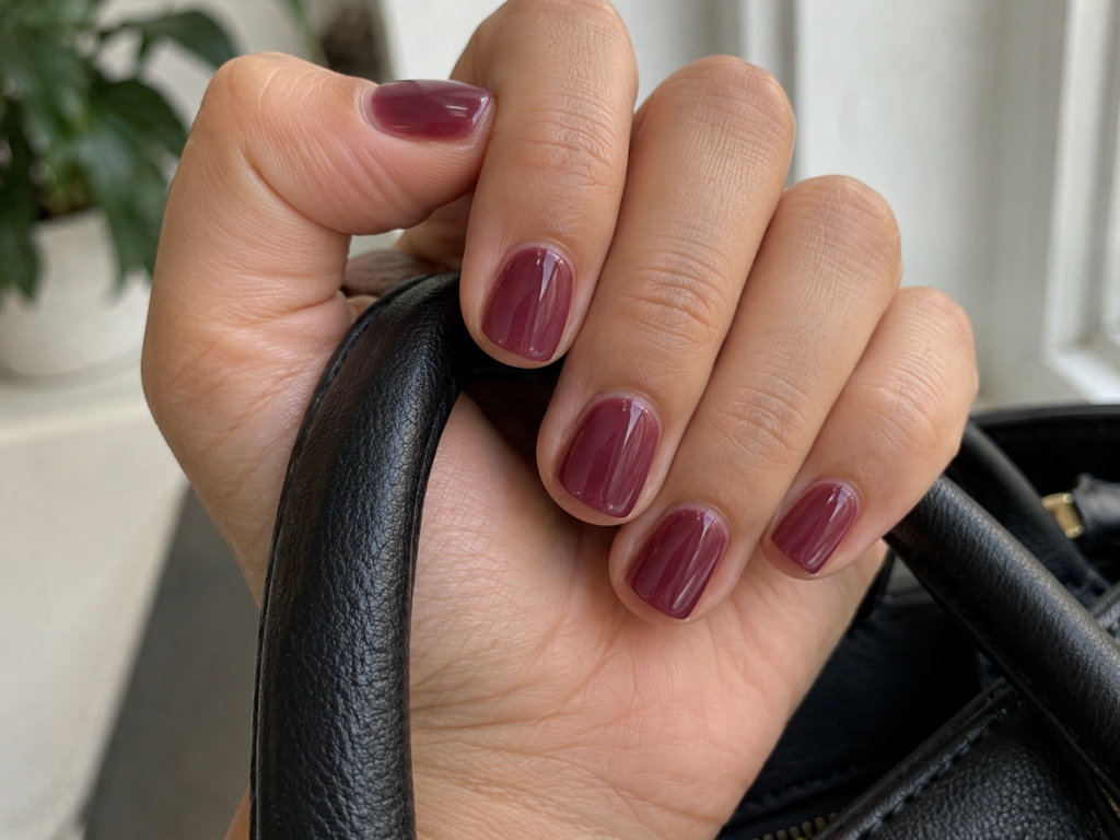 Short plum-colored nails holding a black tote handle.