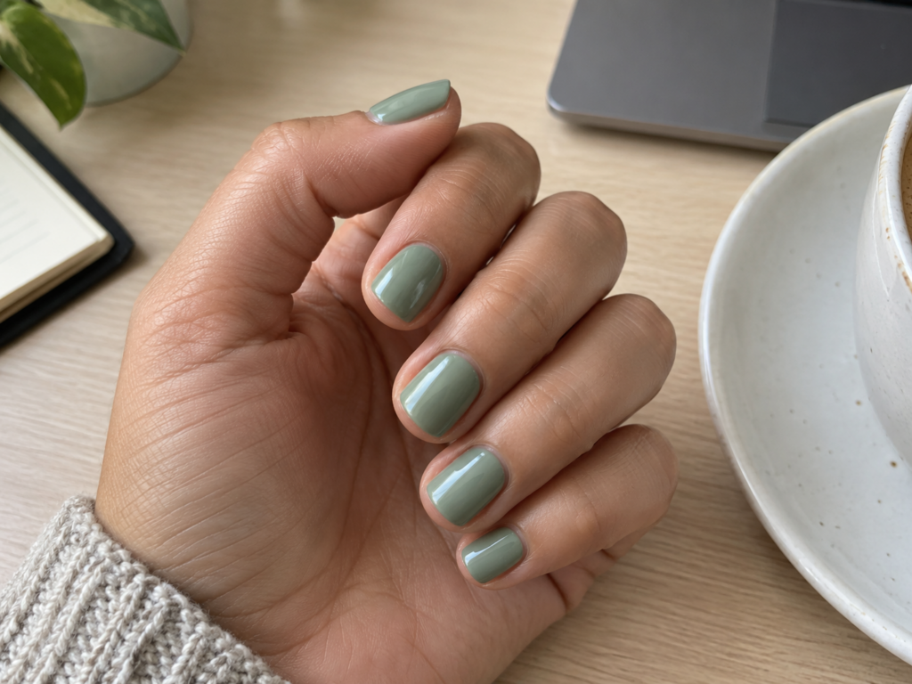 Short sage-green nails beside a white ceramic saucer.