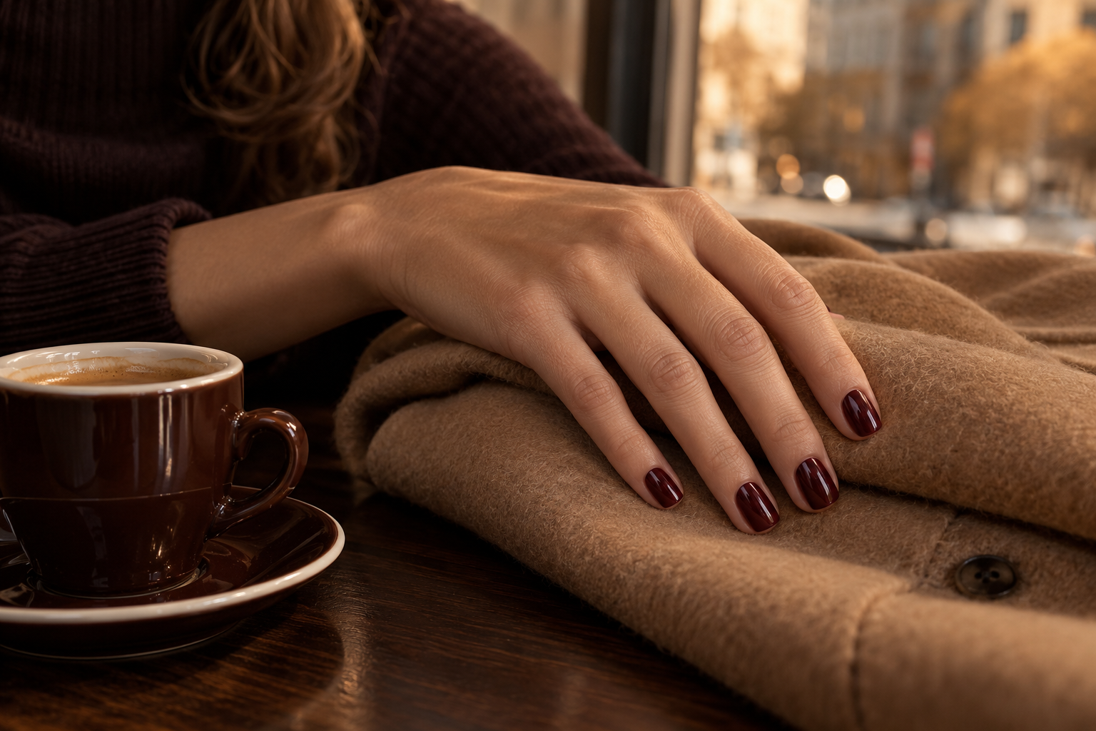 Autumn semi cured gel nails inspiration with glossy burgundy nails and a camel coat