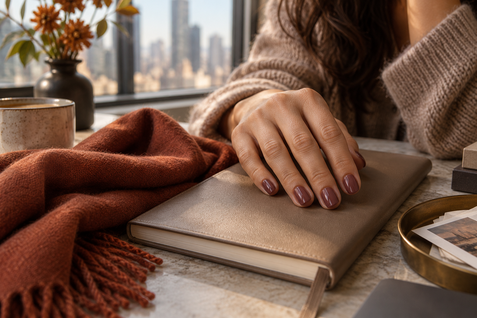 Muted brownish rose nails with a taupe notebook and rust scarf