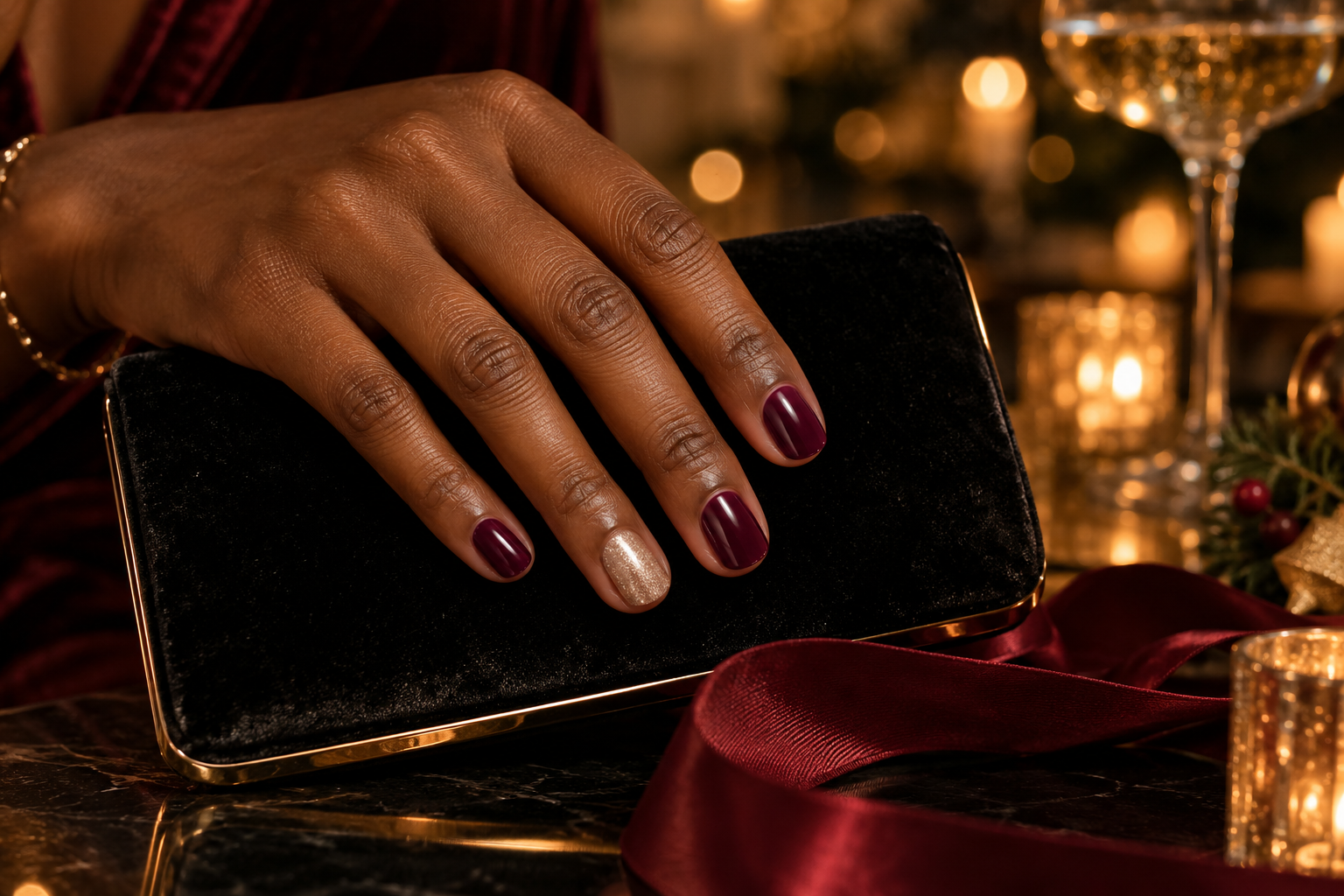Holiday manicure inspiration with burgundy nails and one champagne shimmer accent on a black clutch