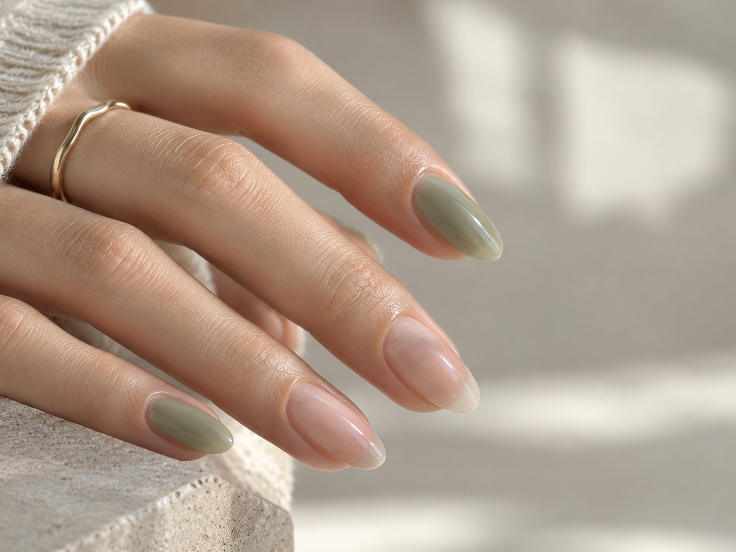 milky matcha and cherry blossom semi cured gel nails trend detail