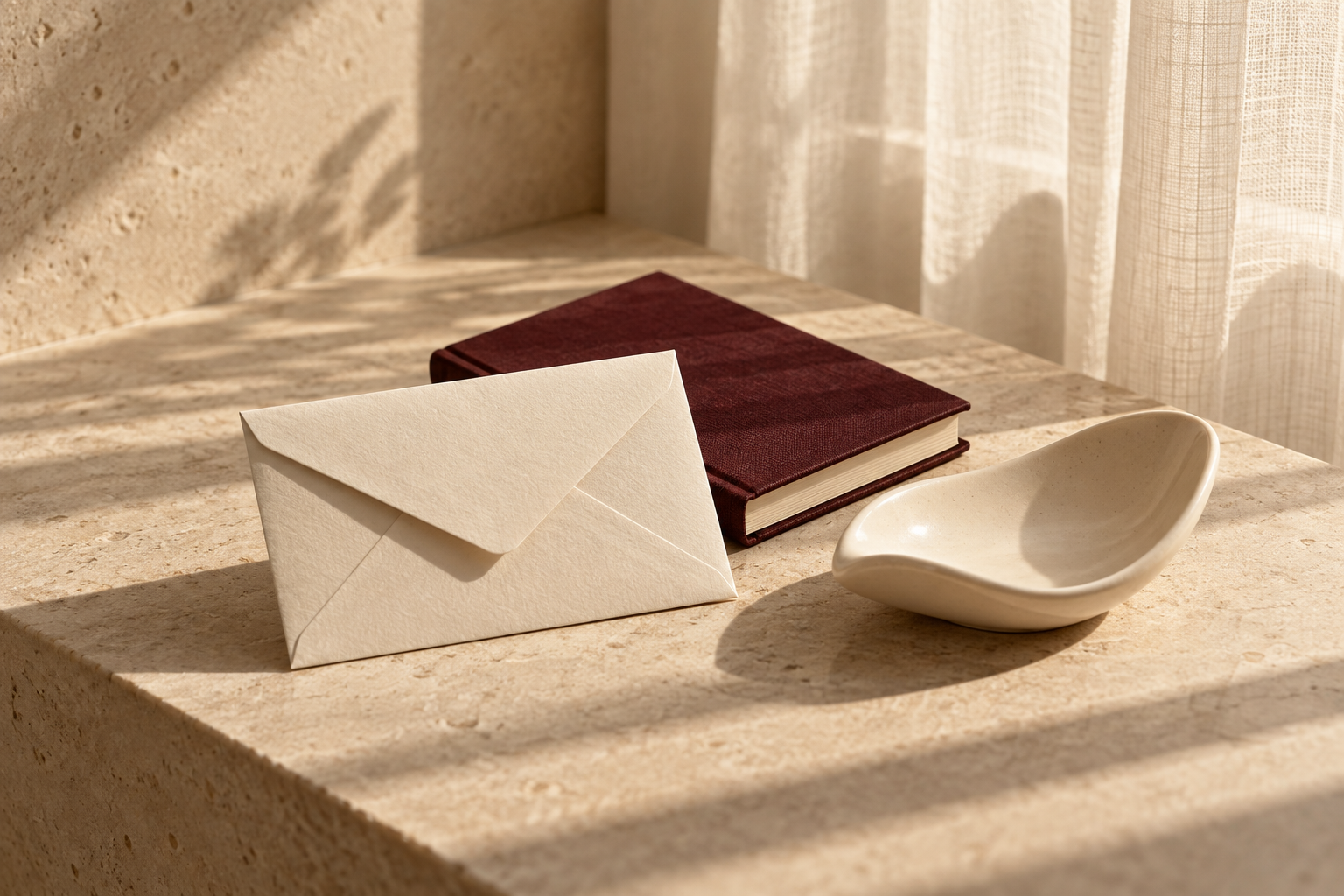 A cream envelope and burgundy notebook in soft natural light.