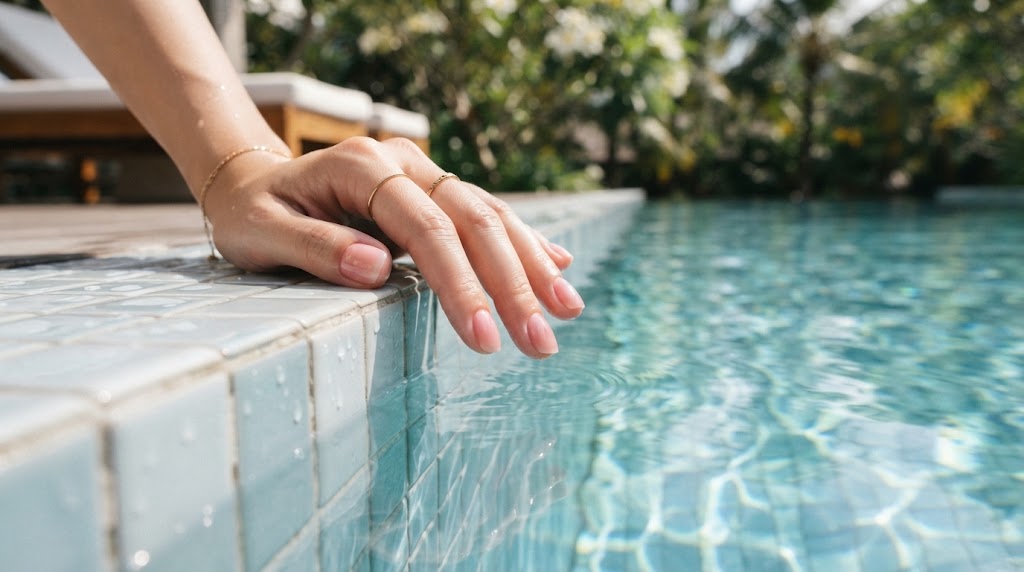 Gel strips and swimming: a model with coral nails resting her hands on a dry poolside towel.