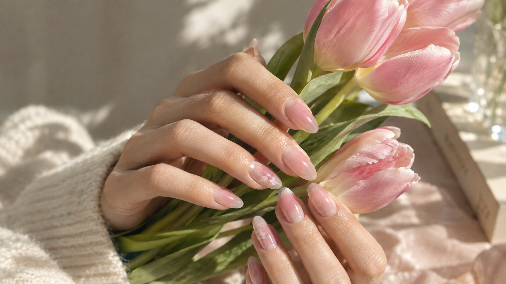 spring semi cured gel nails blushing blossom design