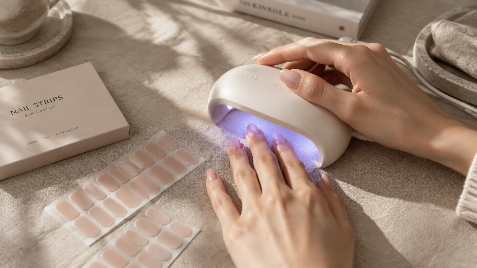 UV lamp for semi-cured gel strips beside a home manicure setup