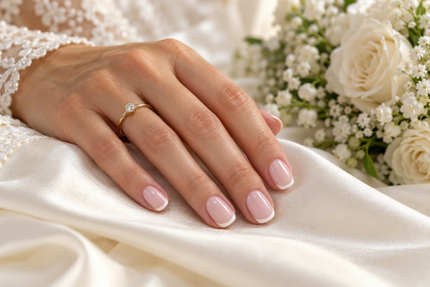 AI illustration of a pale French bridal manicure with ivory silk and flowers