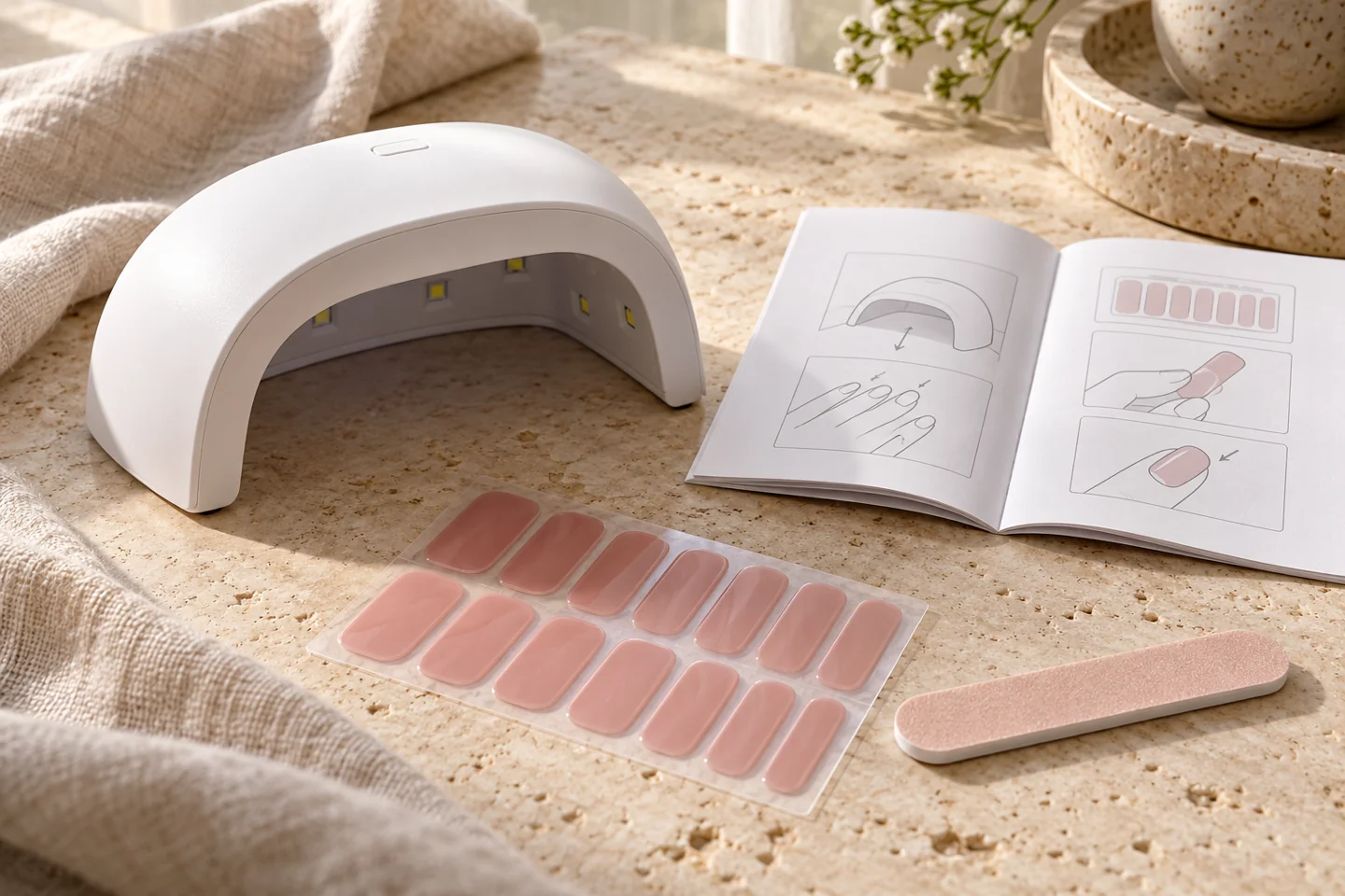 AI illustration of an unbranded nail lamp, instructions and pink gel strips