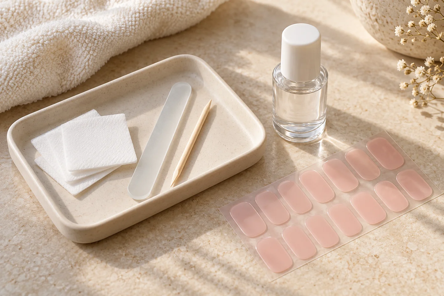 AI illustration of nail prep pads, a glass file and gel strips arranged on a pale tray