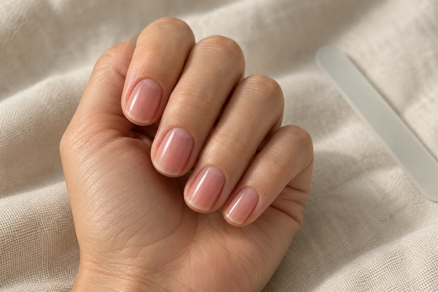 AI illustration of four short, softly rounded pink nails on a relaxed hand