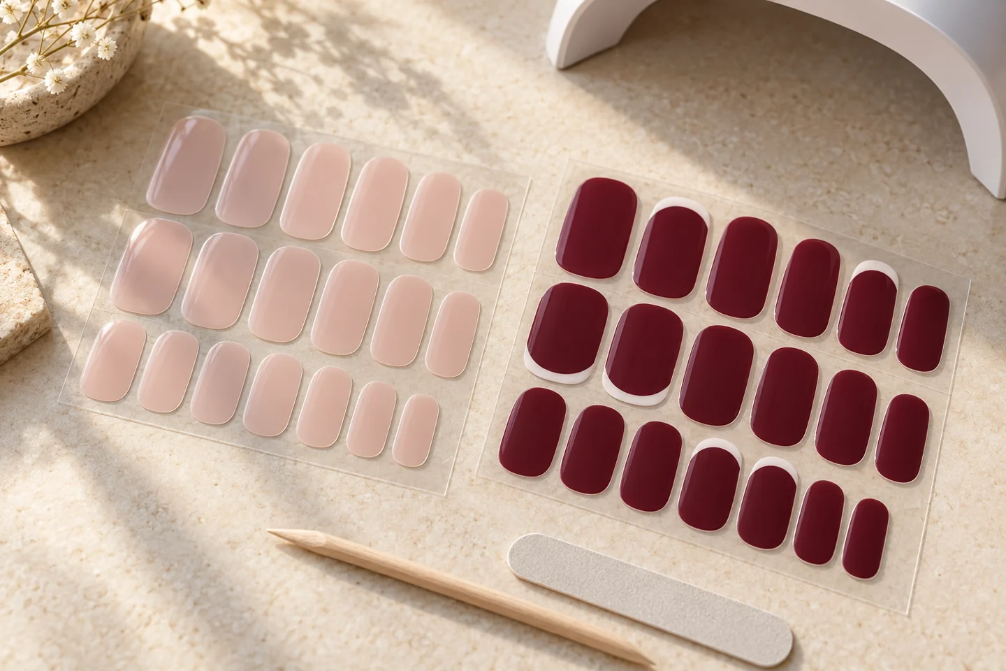 AI illustration of neutral and burgundy gel-strip sheets with manicure tools