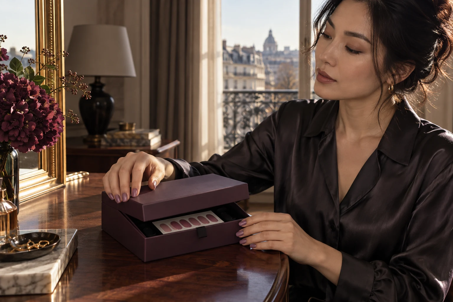 Gel strip storage: a woman placing unused strips in an opaque box at her vanity.