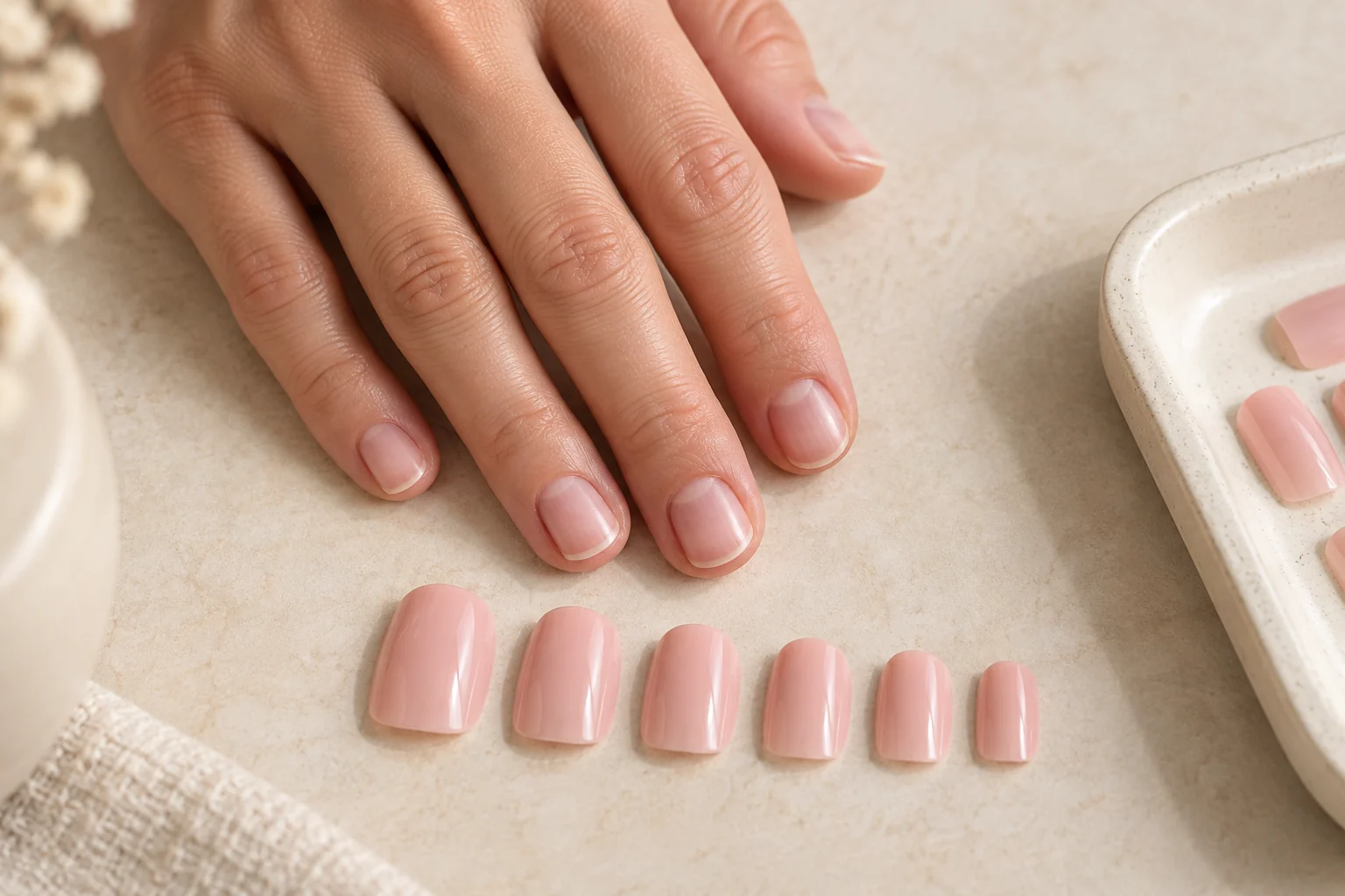 AI illustration of natural nails beside loose press-on tips in different widths
