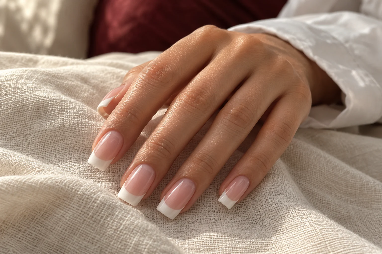AI illustration of a long square French manicure with blush pink beds and white tips