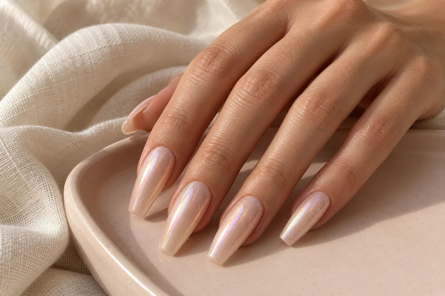 AI illustration of long coffin nails with a pearlescent beige-pink finish
