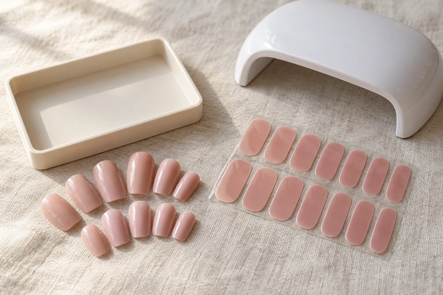 AI illustration of rigid press-on tips beside semi-cured gel strips and a nail lamp